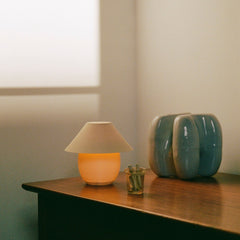Lamp, vase, and small plant on a wooden surface with a neutral background