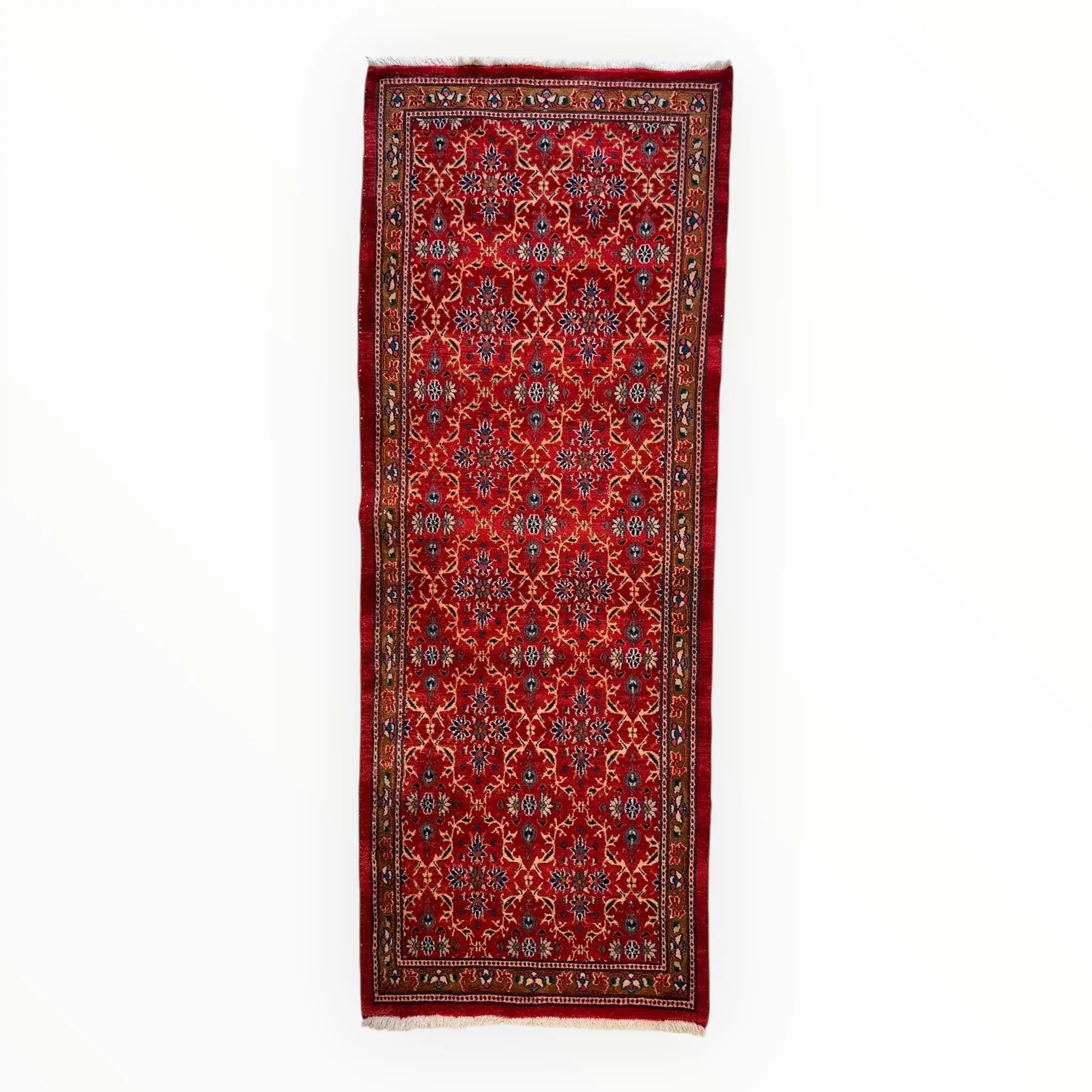 Vintage Mashhad Wool Runner – 3’3” x 8’4” – 1970s, Rich Red with Blue & Beige Accents Rugistan