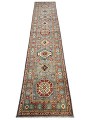 Hand-Knotted Afghan Kazak Wool Runner Rug – 2'7" x 12'3" – Traditional Geometric Design Rugistan
