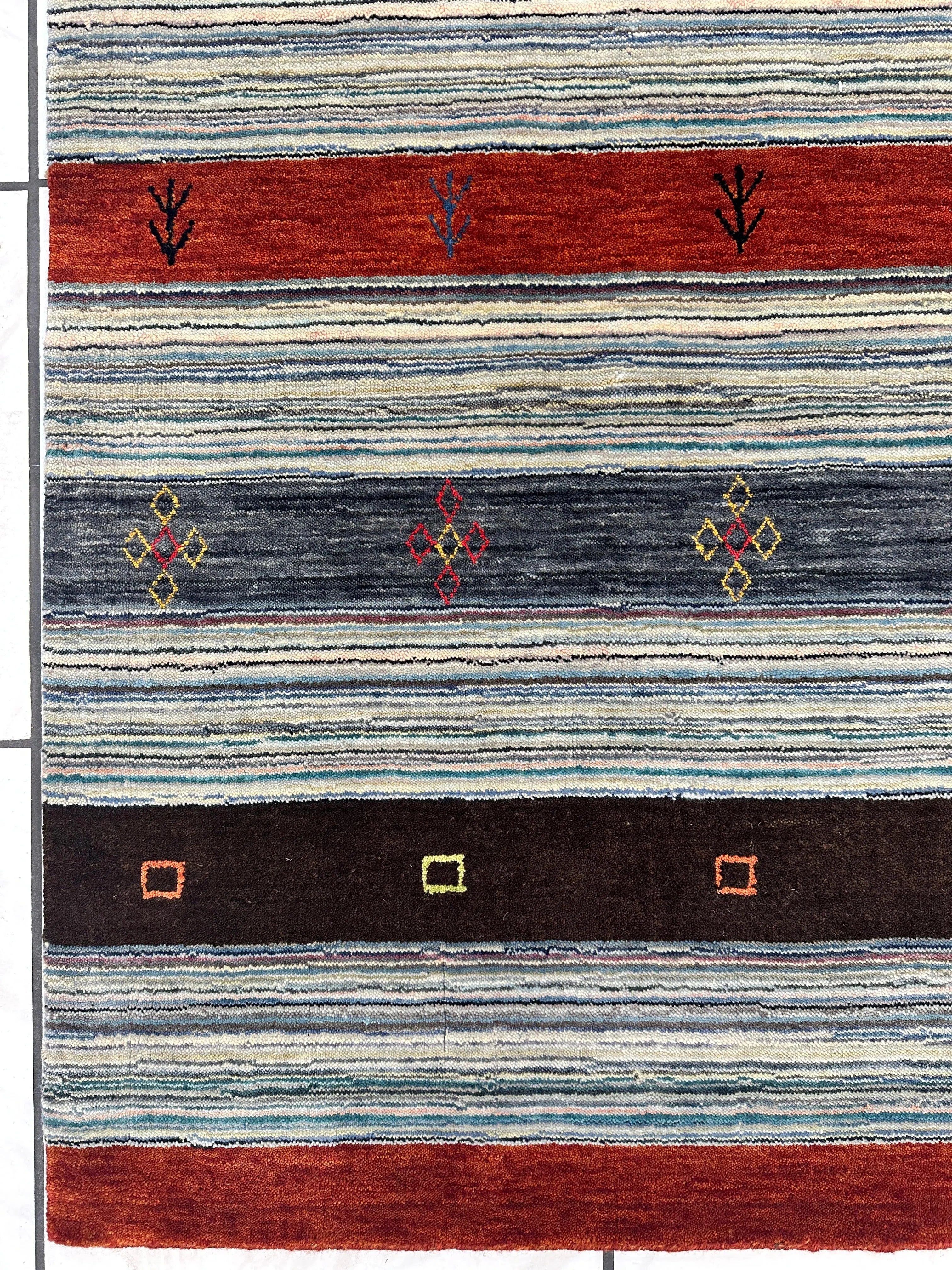 Hand-Knotted Indo-Gabbeh Wool & Bamboo Rug – 5'2" x 7' – Durable Striped Design Rugistan
