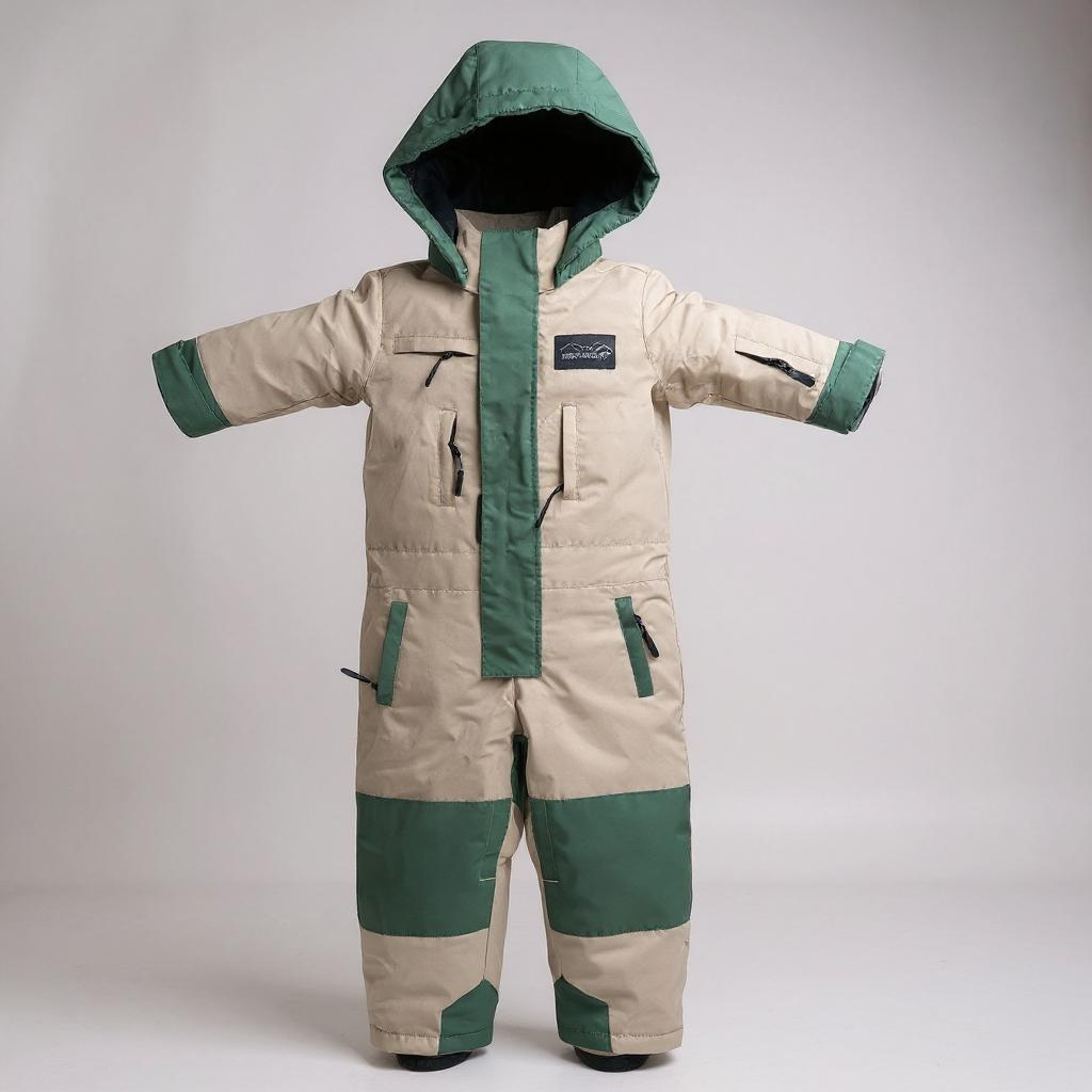 Beige and green snowsuit on a gray background