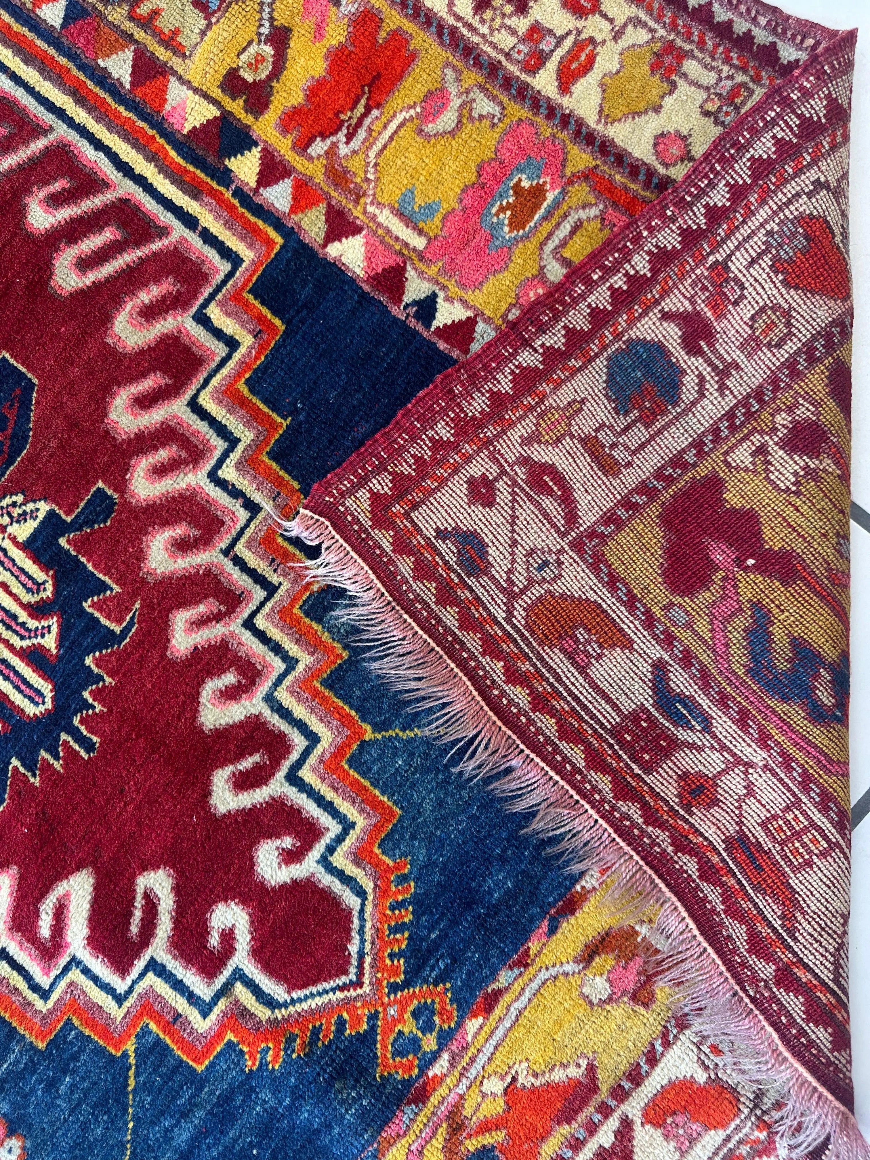 Hand-Knotted Antique Turkish Melas Wool Rug – 4'3" x 5'11" – Vibrant Geometric Motifs Rugistan