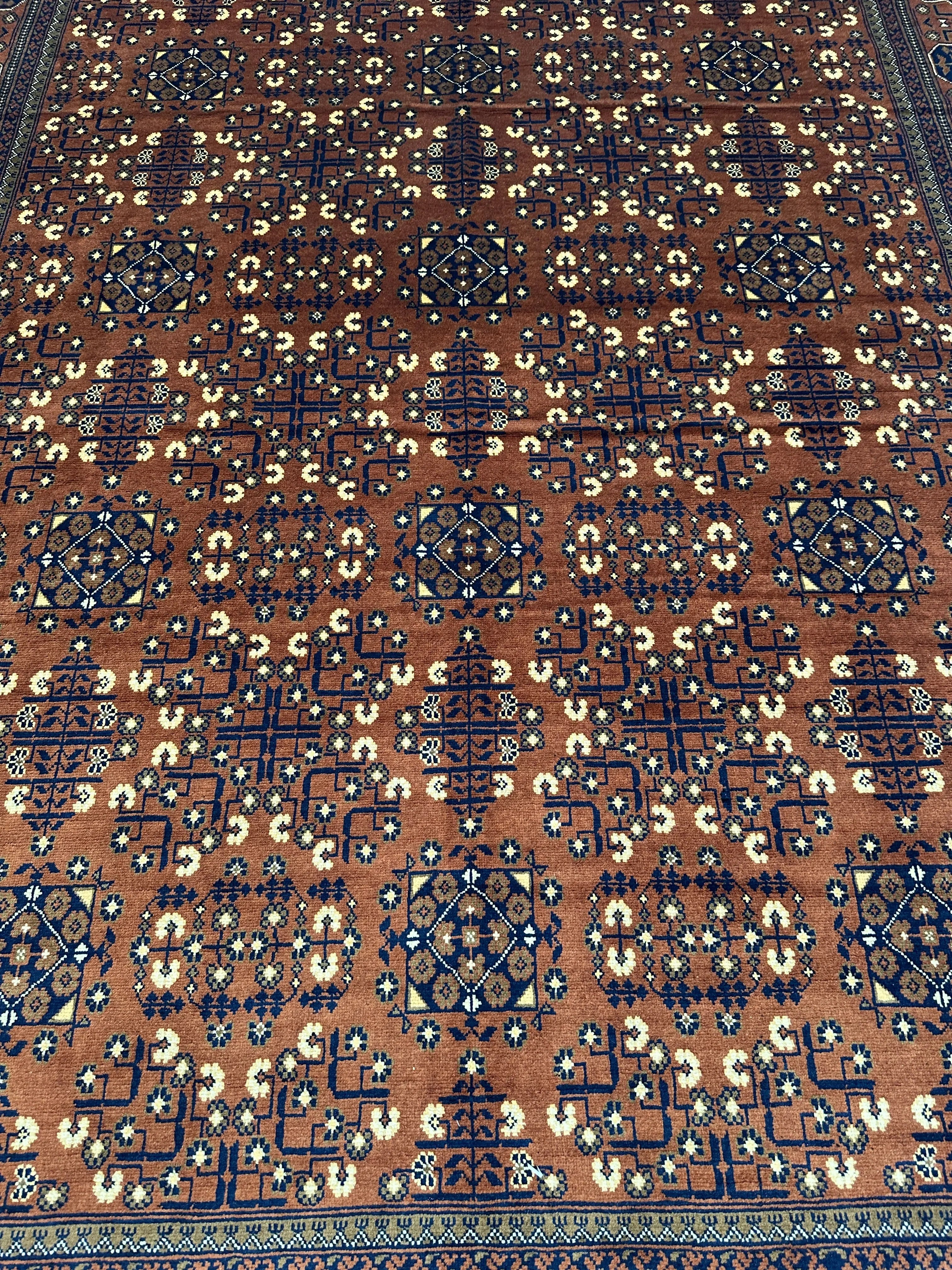 Hand-Knotted Afghani Bukharayi Rug | 6'7" x 10' Wool Area Carpet – Traditional Geometric Design Rugistan