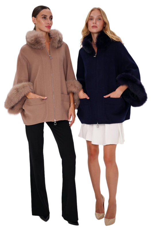 Two women wearing fur-lined hooded jackets on a white background