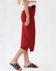 Person wearing a red ribbed skirt with a white background