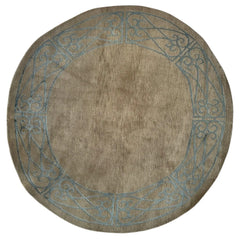 Hand-Knotted Tibetan Rug - 6' x 6'1" Round - Wool & Silk - Elegant Blue Border Design Rugistan