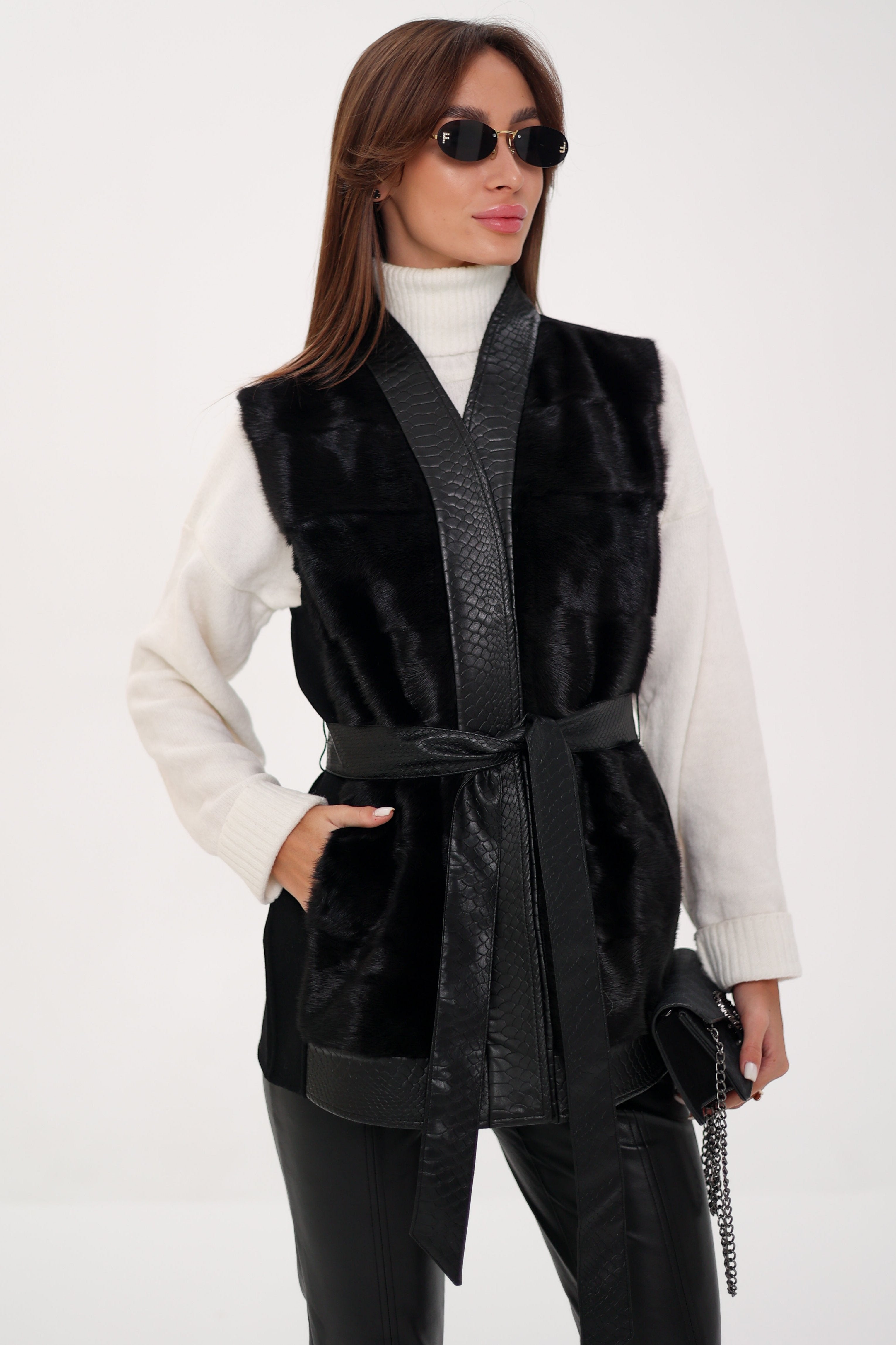 Genuine Mink Fur Leather Trim Wool Vest Alaska® Outerwear Company
