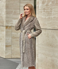 Genuine Mink Fur Rex Fur Trim Virgin Wool Coat in Beige Alaska® Outerwear Company