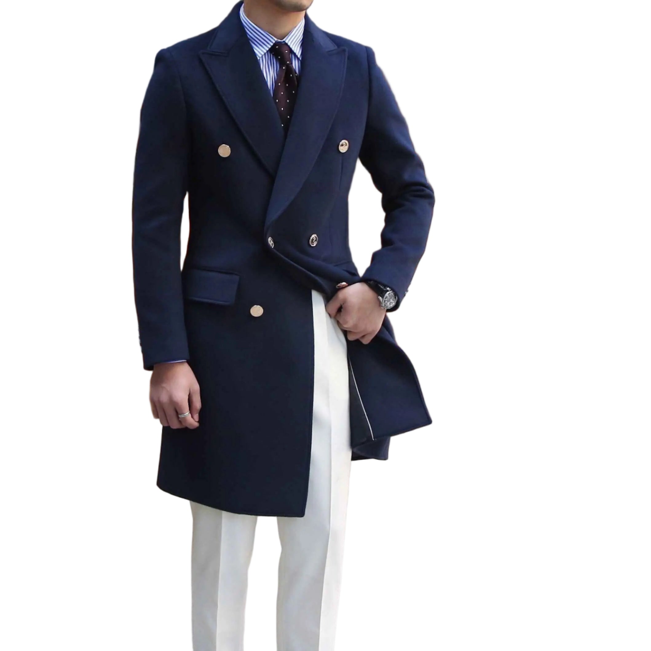 Navy blue overcoat worn by a person on a white background