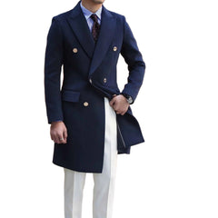 Navy blue overcoat worn by a person on a white background