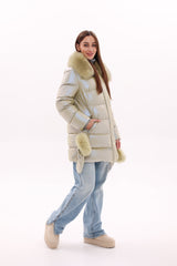Genuine Fox Fur Down Coat with Fur Trim Mittens
