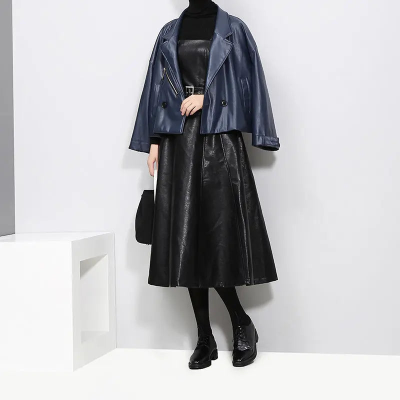 Long PU Leather Suspender Skirt – Adjustable Straps Family Shopolf