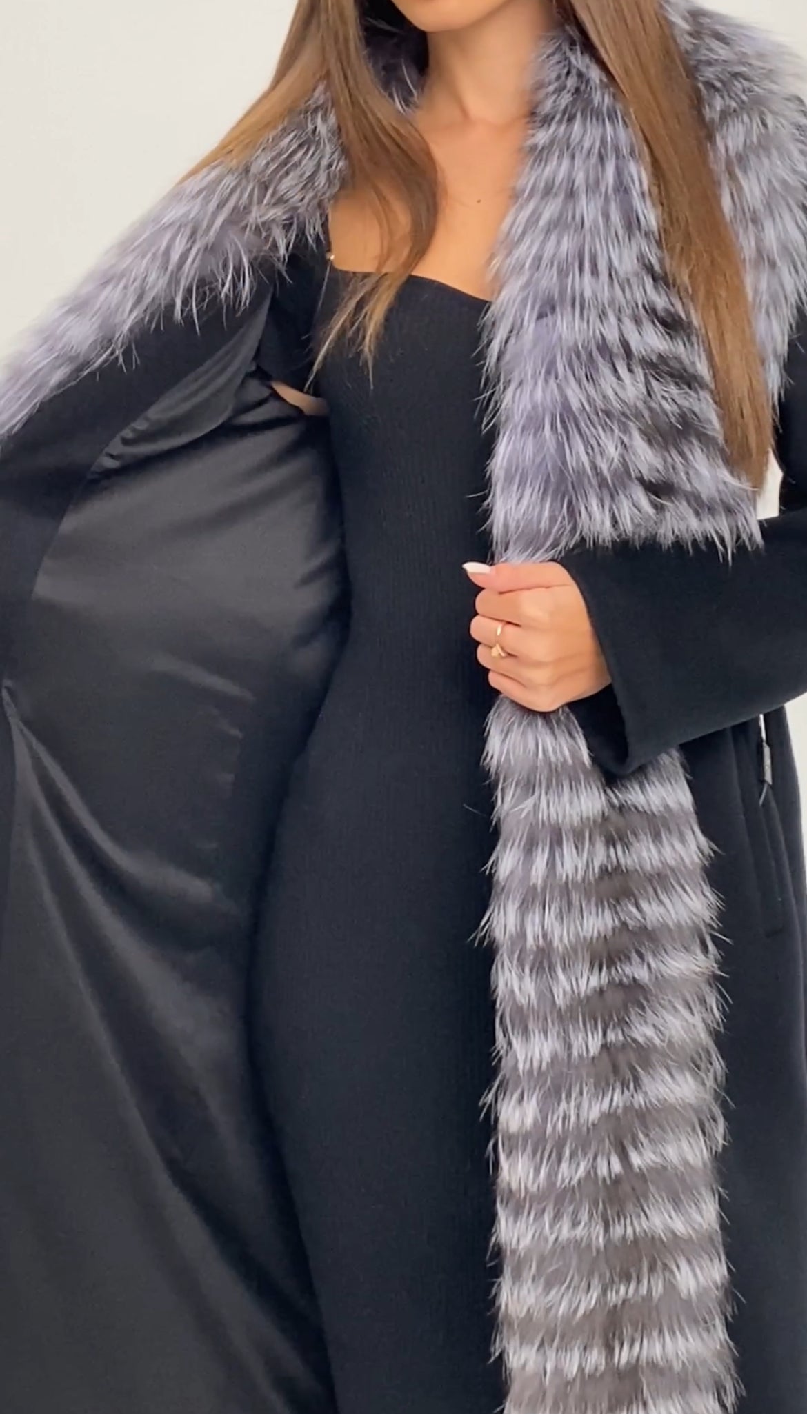 Genuine Silver Fox Virgin Wool Wrap Coat in Black Alaska® Outerwear Company