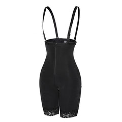 Black bodysuit with lace trim on a white background