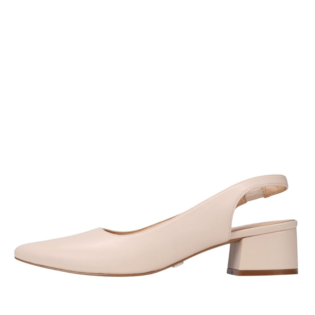 Beige high-heeled shoe on a white background