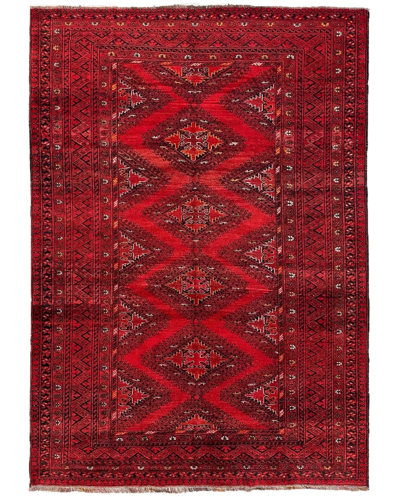 Hand-Knotted Afghan Turkoman Waziri Wool Rug – 6'9" x 9'6" – Vintage Red Elegance Rugistan