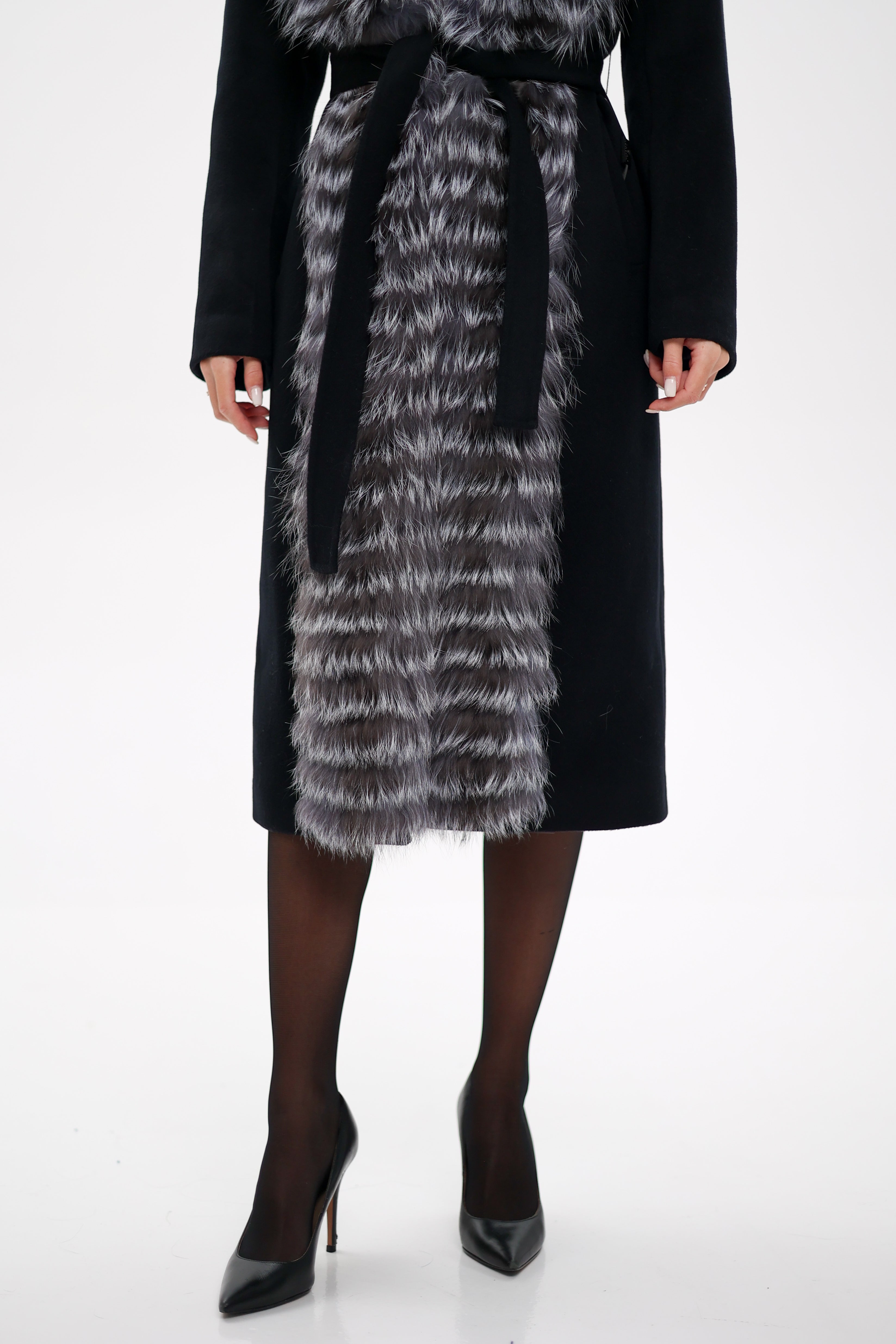 Genuine Silver Fox Virgin Wool Wrap Coat in Black Alaska® Outerwear Company