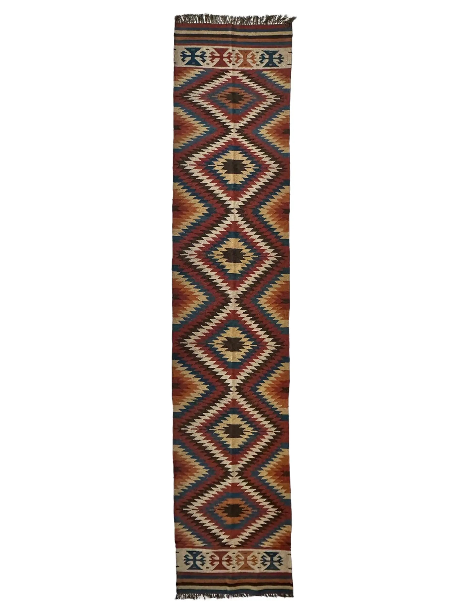 Hand-Knotted Afghan Kilim Wool Runner Rug – 2’8” x 12’4” – Vintage Full Geometric Design Rugistan