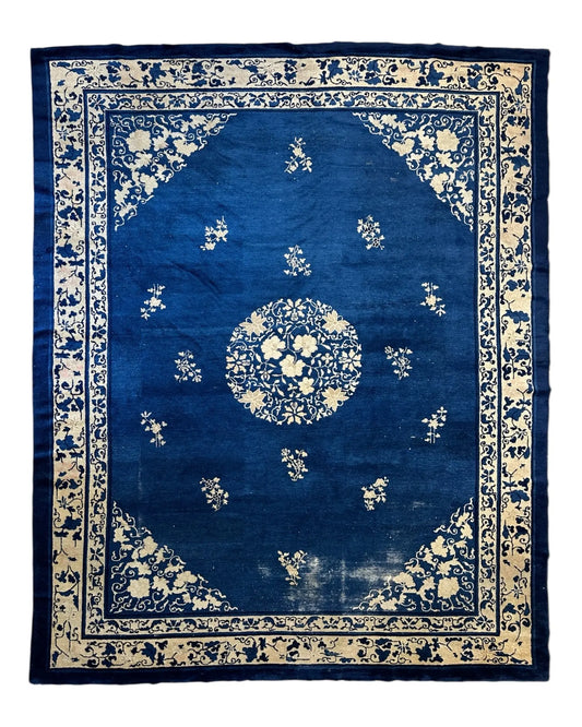 Hand-Knotted Antique Chinese Peking Wool Rug – 9’ x 11’5” – Distressed Blue, 19th Century Rugistan