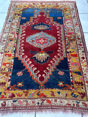 Hand-Knotted Antique Turkish Melas Wool Rug – 4'3" x 5'11" – Vibrant Geometric Motifs Rugistan