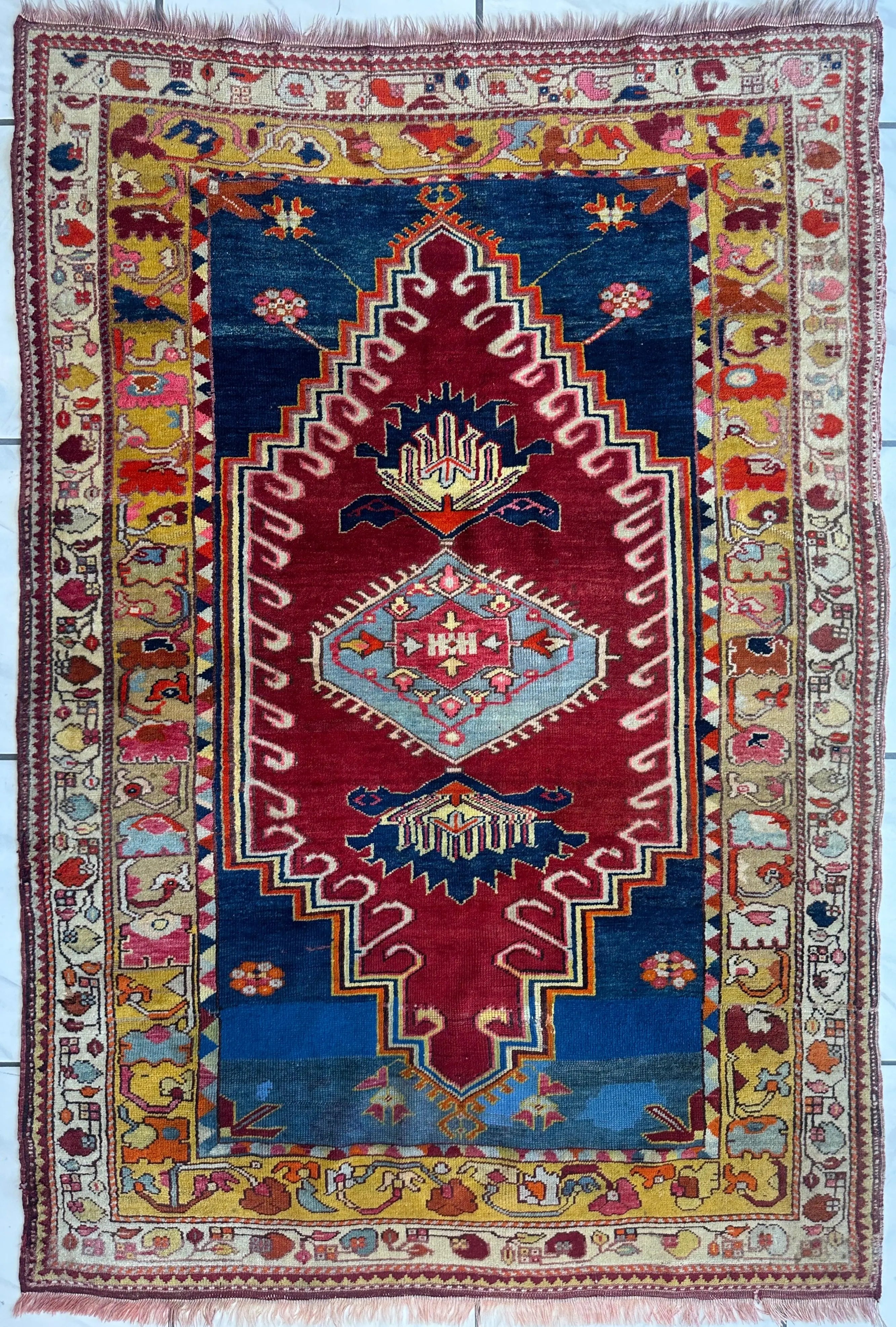 Hand-Knotted Antique Turkish Melas Wool Rug – 4'3" x 5'11" – Vibrant Geometric Motifs Rugistan
