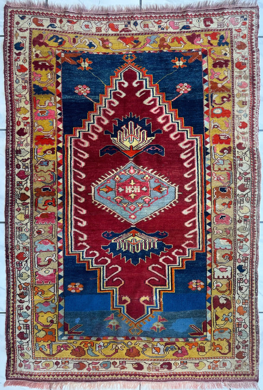 Hand-Knotted Antique Turkish Melas Wool Rug – 4'3" x 5'11" – Vibrant Geometric Motifs Rugistan