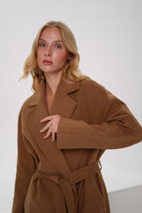 Cambridge Comfort Wraparound Wool Cashmere Coat in Dark Camel