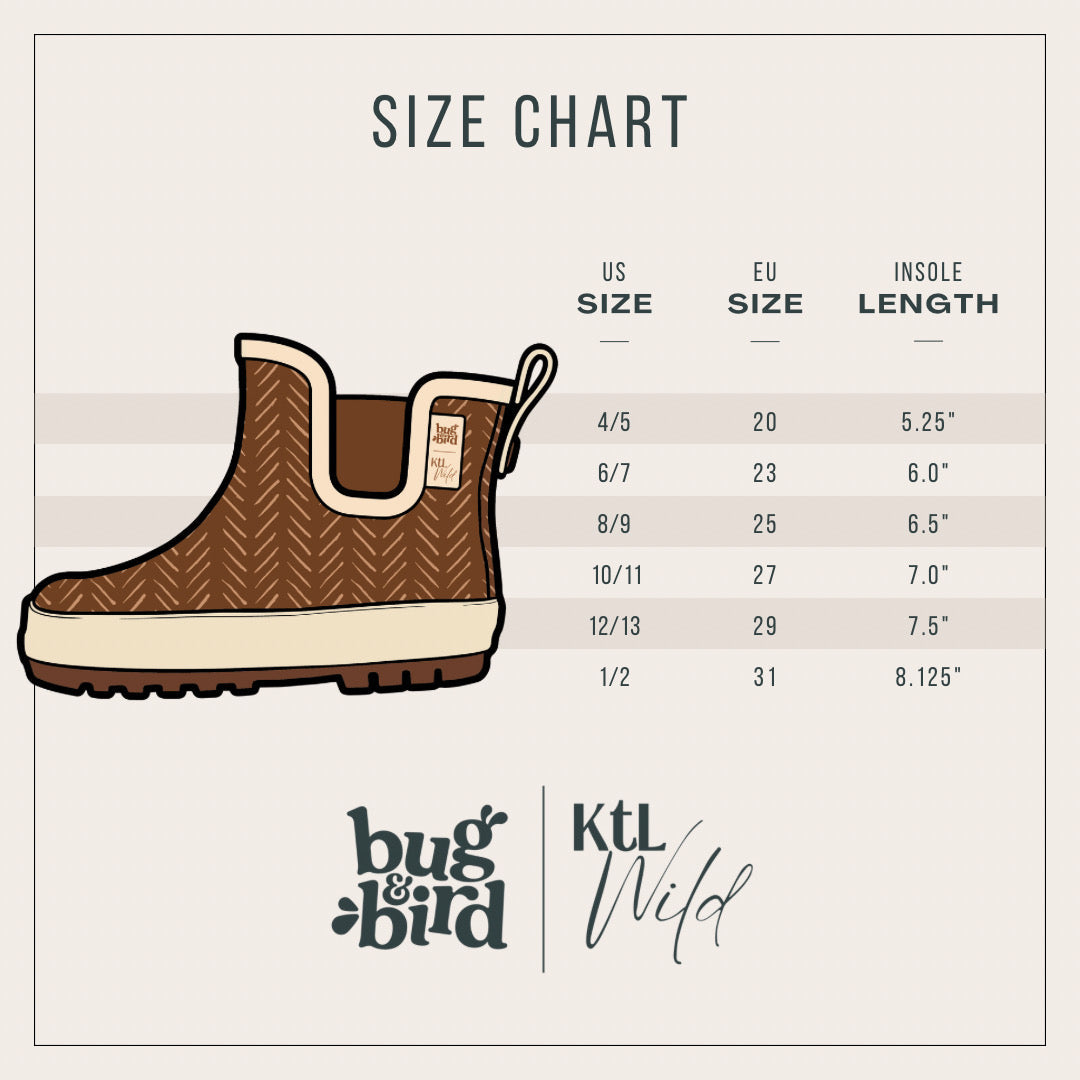 Size chart for boots with measurements in US, EU, and insole length on a light background.
