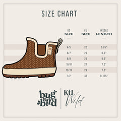 Size chart for boots with measurements in US, EU, and insole length on a light background.