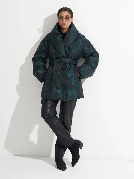 Monochrome Jacquard Down Coat in Vintage Emerald Alaska® Outerwear Company