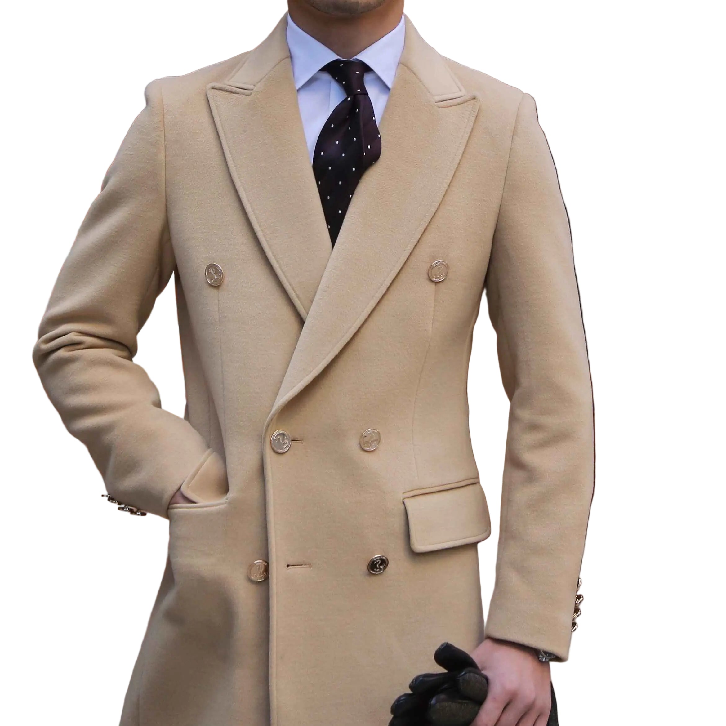 Beige overcoat worn by a person on a white background