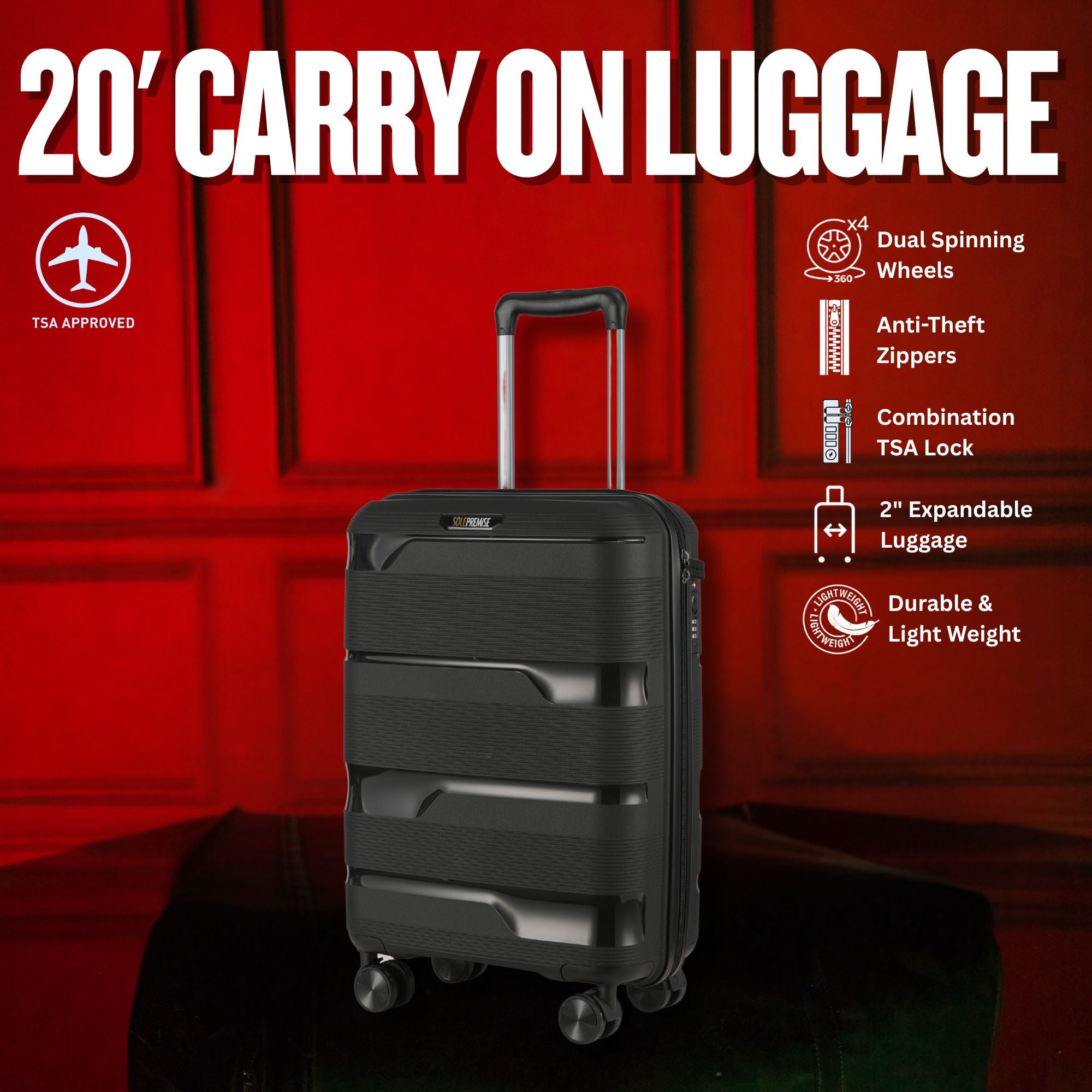 20-inch Black Carry-On Hardcase Roller Luggage with 360° Wheels Sole Premise