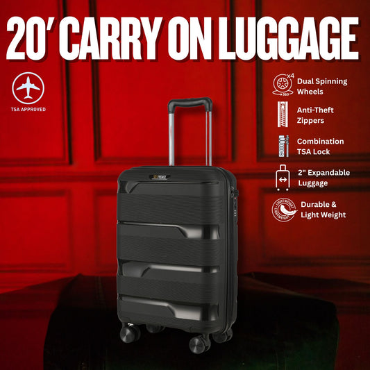 20-inch Black Carry-On Hardcase Roller Luggage with 360° Wheels Sole Premise