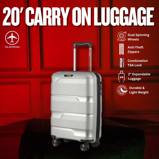 20-inch Silver Carry-On Hardcase Roller Luggage with 360° Wheels Sole Premise
