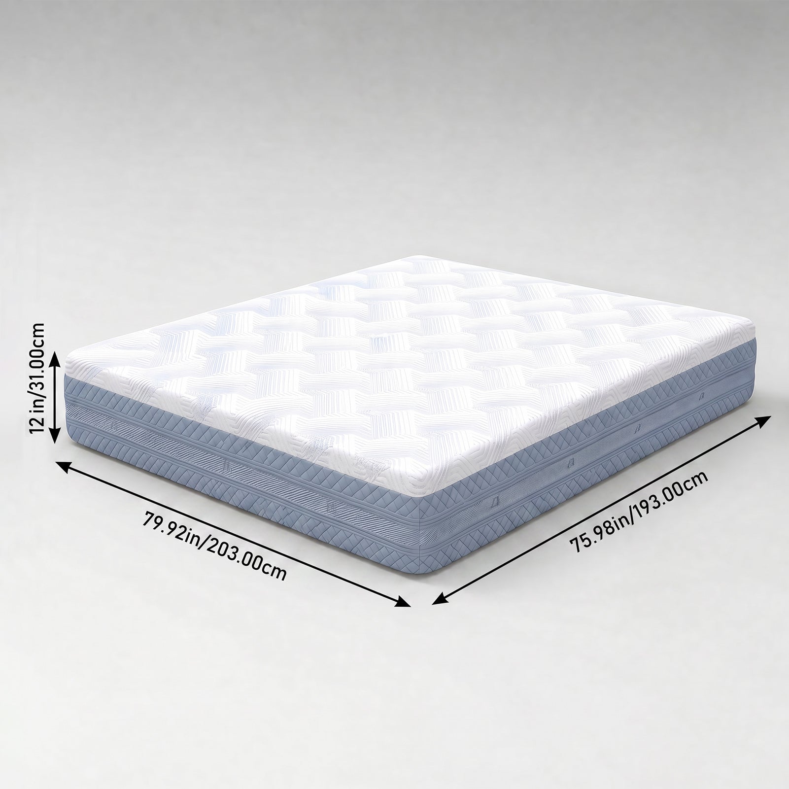 A mattress shown at an angle on a light gray background with dimension arrows and text indicating 12 inches height and 79.92 inches by 75.