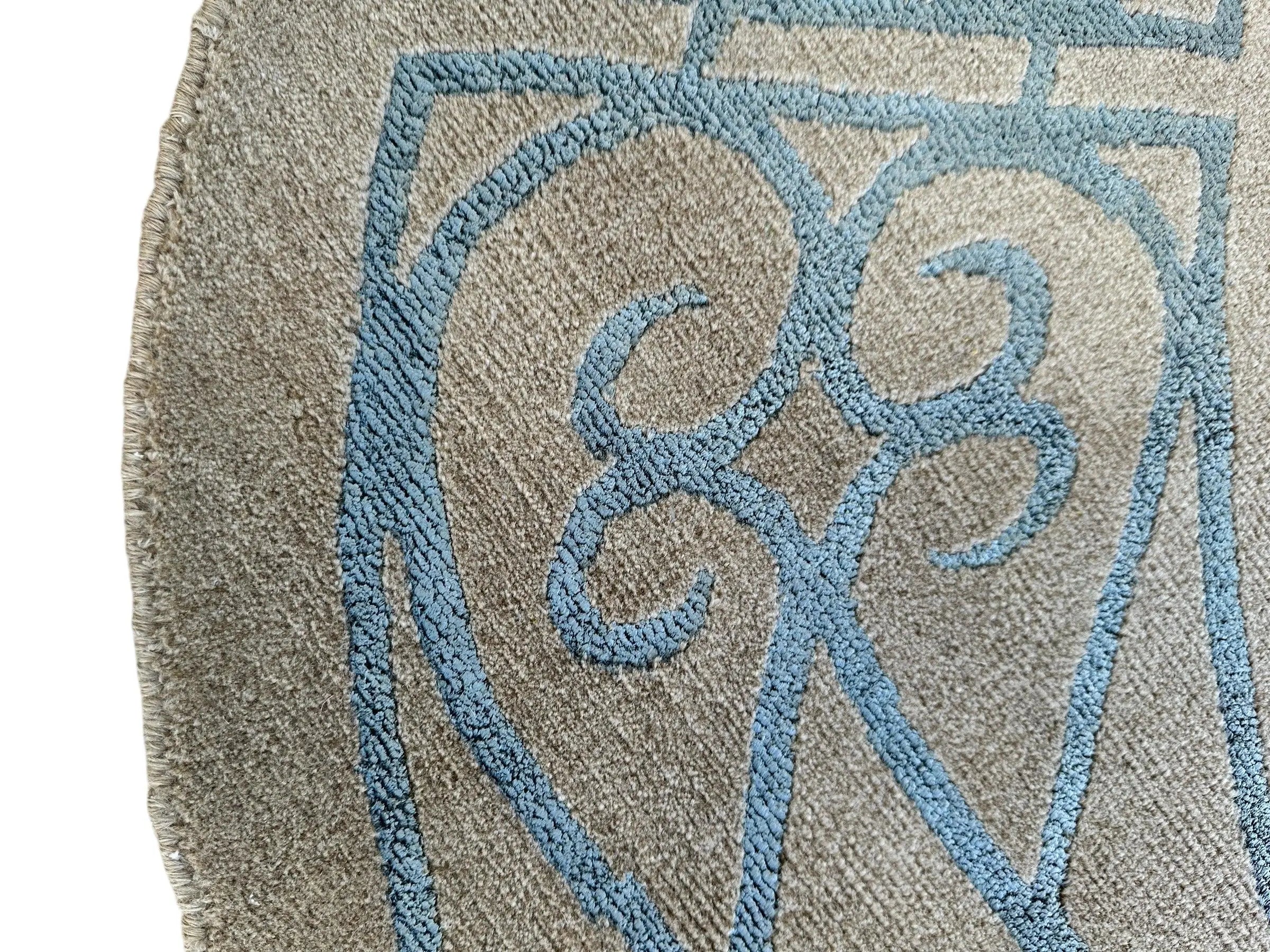 Hand-Knotted Tibetan Rug - 6' x 6'1" Round - Wool & Silk - Elegant Blue Border Design Rugistan