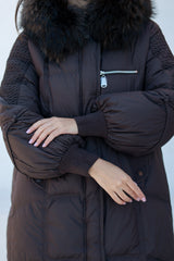 Dakota Genuine Fur Trim Down Fill Coat in Chocolate