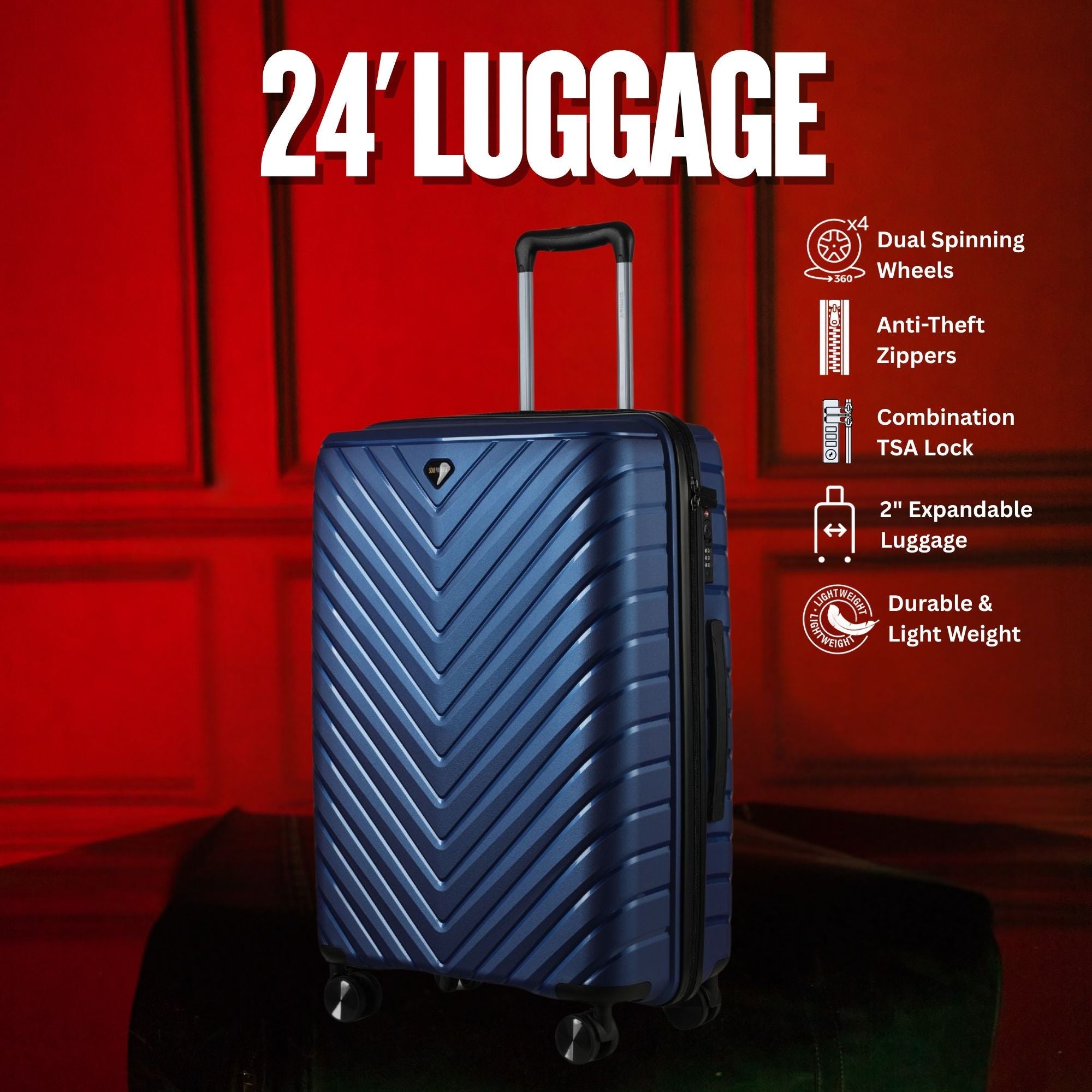 24-inch Blue Hardcase Roller Luggage with 360° Wheels & TSA Lock Sole Premise