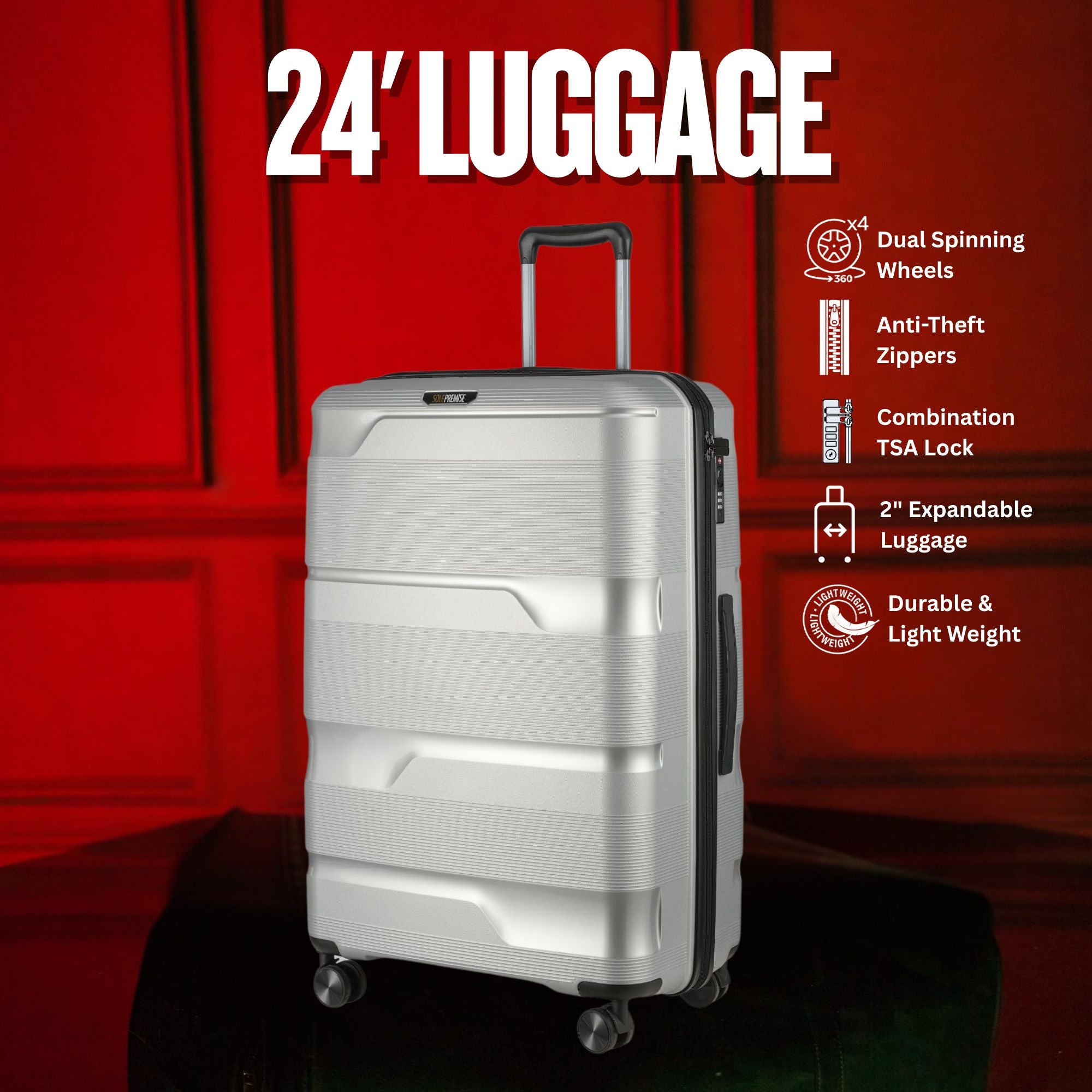 24-inch Silver Hardcase Roller Luggage with 360° Wheels & TSA Lock Sole Premise