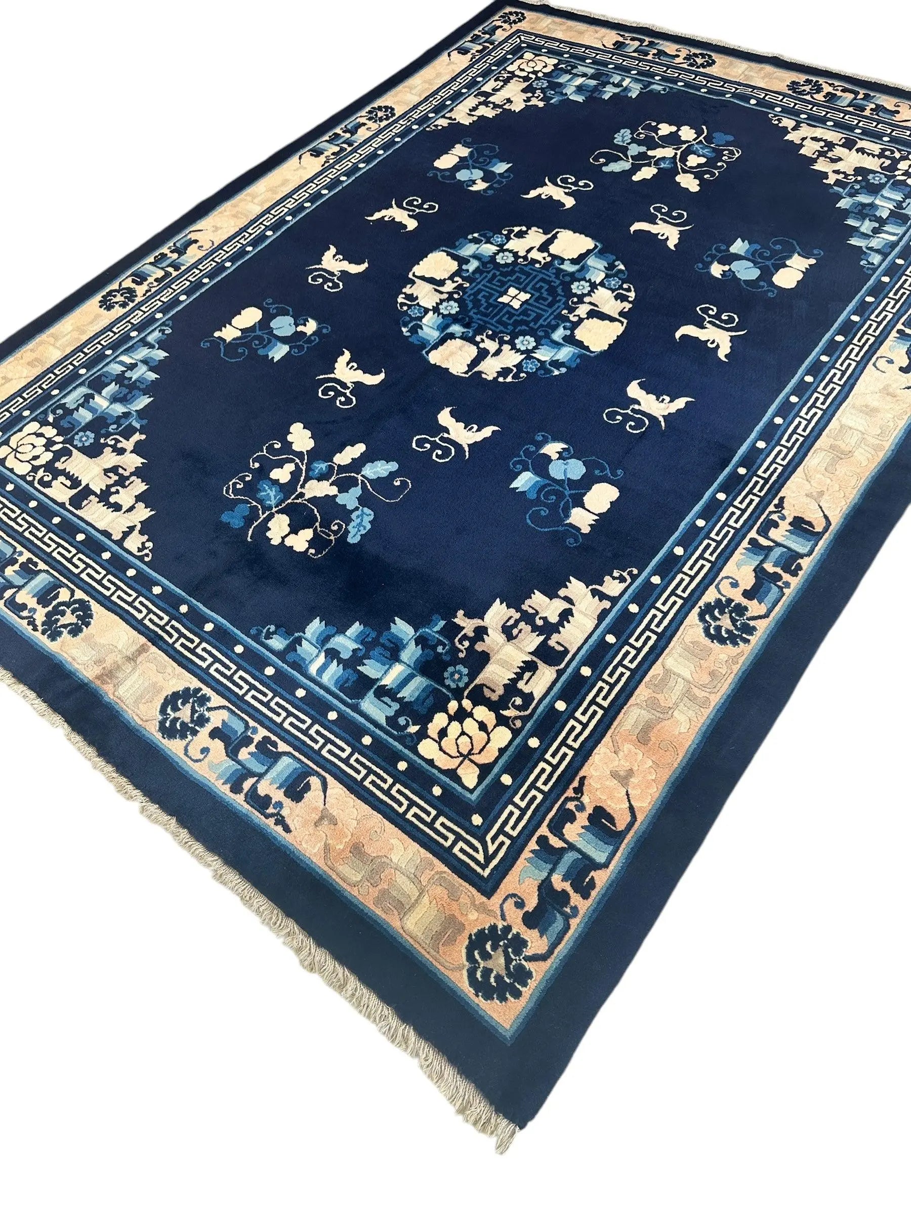 Hand-Knotted Antique Chinese Peking Wool Rug – 5’6” x 7’6” – Full Pile Navy and Cream Design Rugistan