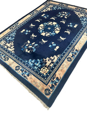 Hand-Knotted Antique Chinese Peking Wool Rug – 5’6” x 7’6” – Full Pile Navy and Cream Design Rugistan