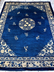 Hand-Knotted Antique Chinese Peking Wool Rug – 9’ x 11’5” – Distressed Blue, 19th Century Rugistan