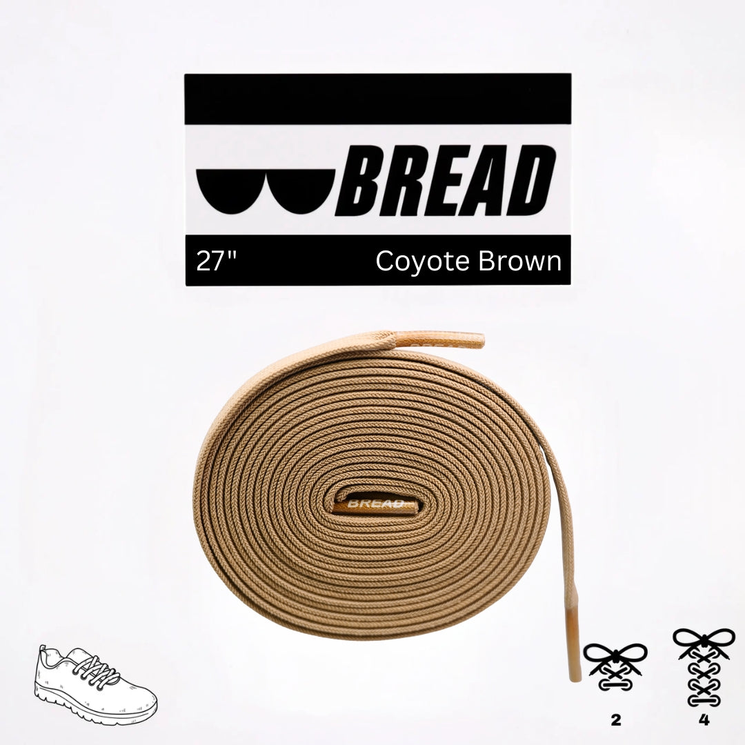 Coyote brown shoelaces with 'BREAD' branding on a white background