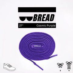 Purple shoelaces with 'BREAD' branding on a white background