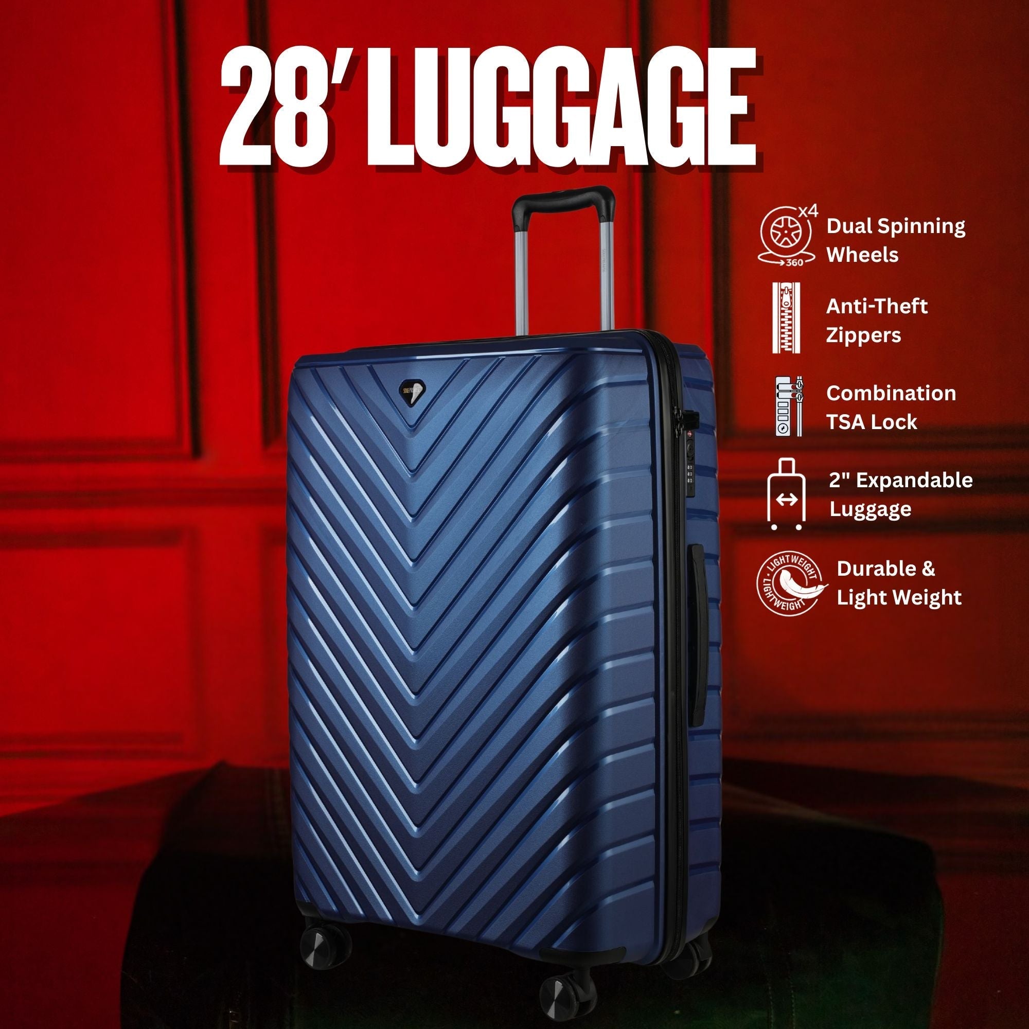 28-inch Blue Hardcase Roller Luggage with 360° Wheels & TSA Lock Sole Premise