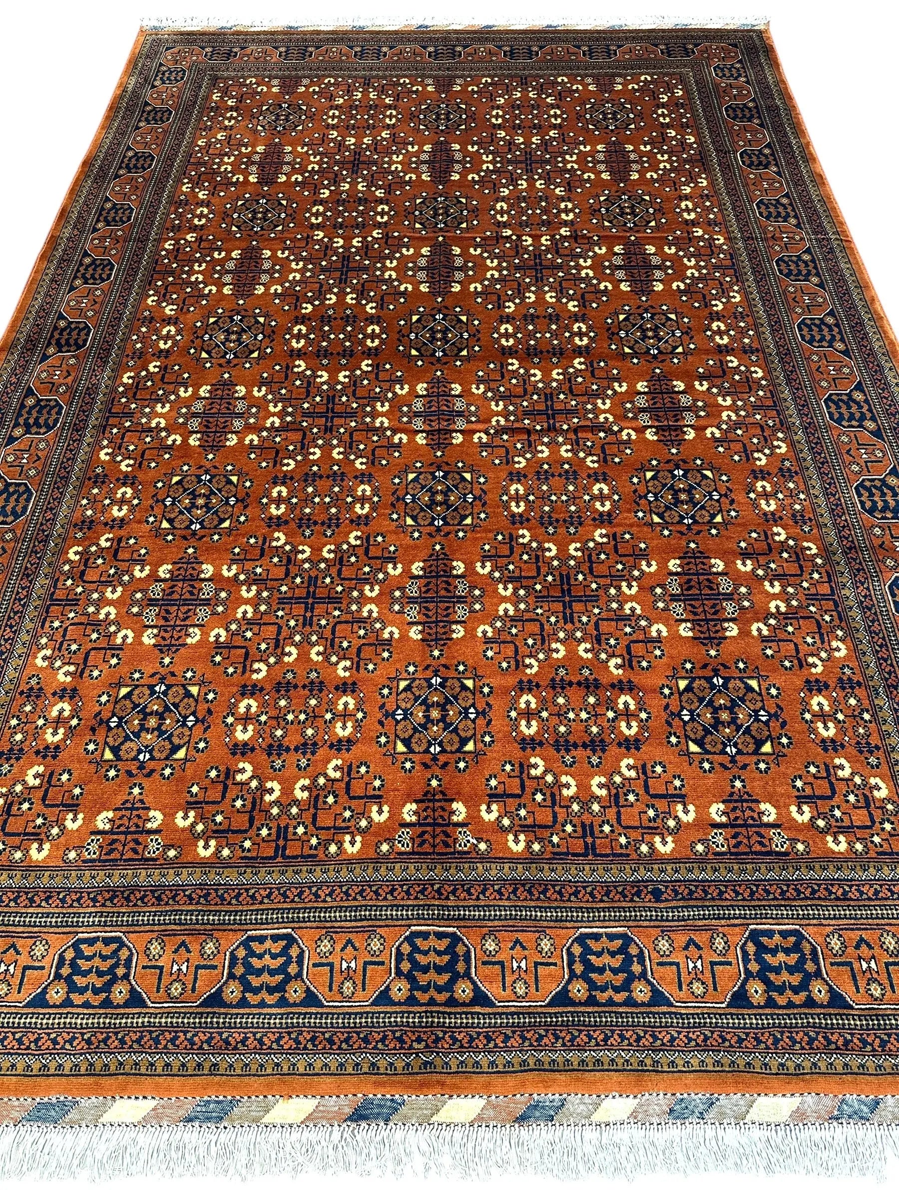 Hand-Knotted Afghani Bukharayi Rug | 6'7" x 10' Wool Area Carpet – Traditional Geometric Design Rugistan