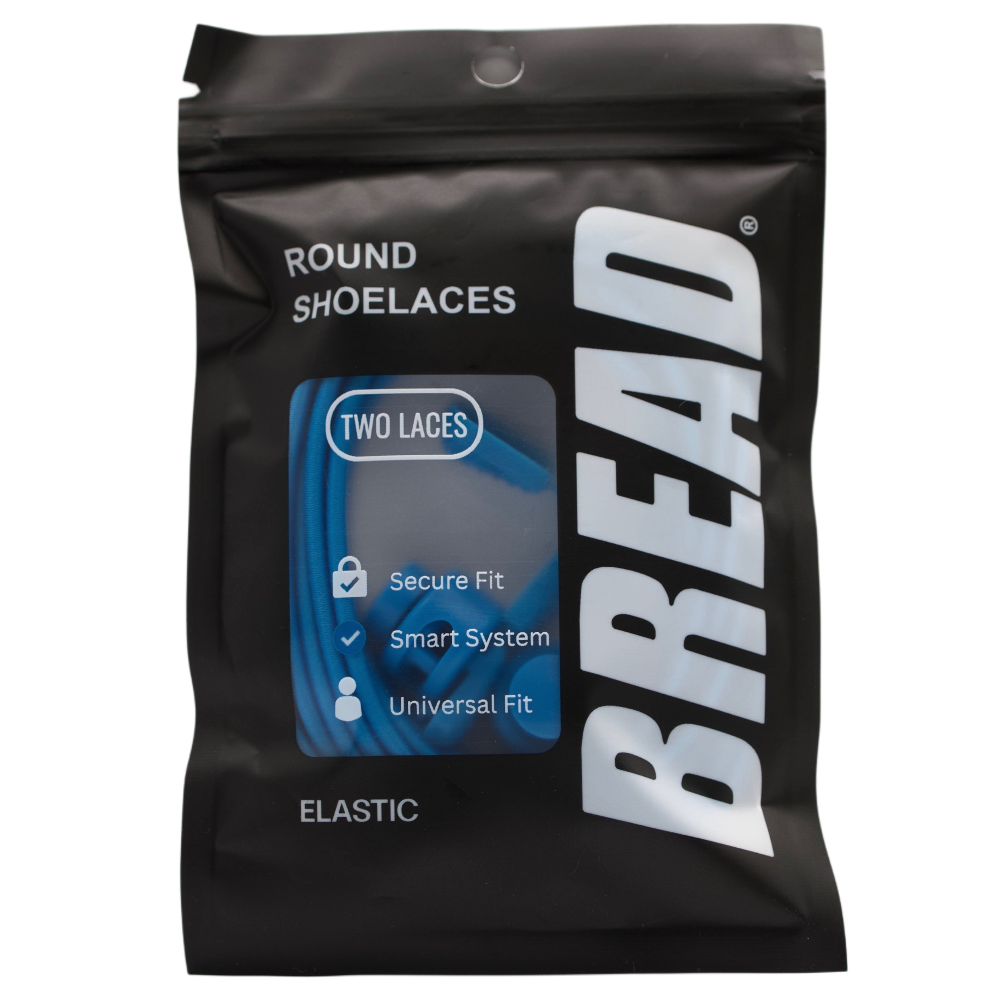 Black package of BREAD shoelaces with white text on a white background