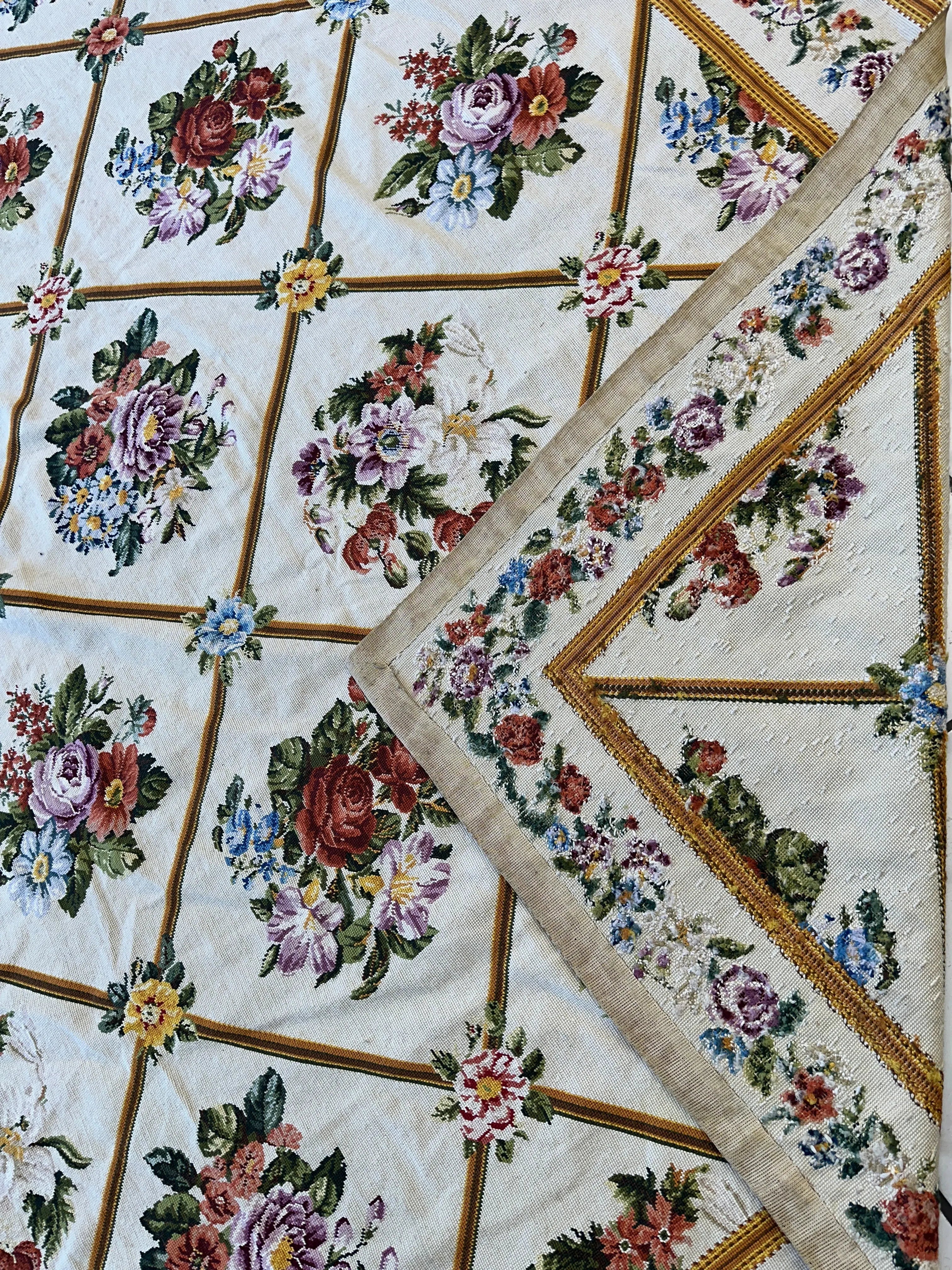 Handmade Needlepoint Floral Wool Rug – 9' 7" x 13' 5" – Vintage European Tapestry Style Rugistan