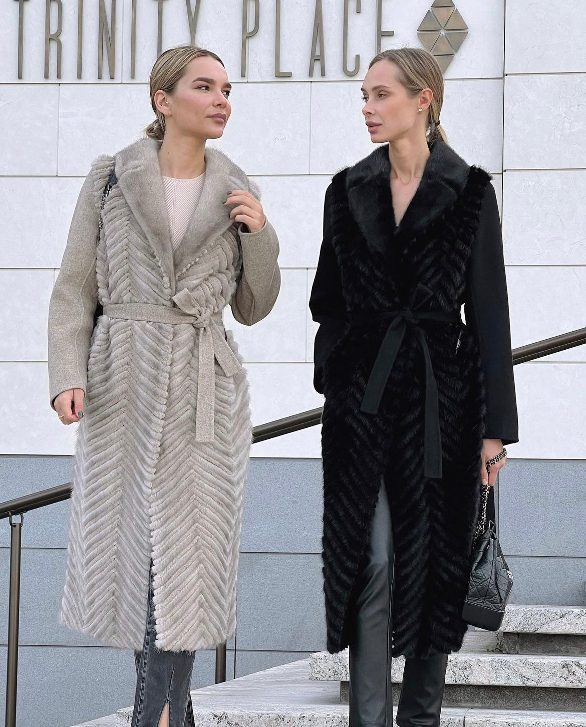 Genuine Mink Fur Rex Fur Trim Virgin Wool Coat in Beige Alaska® Outerwear Company