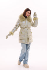 Genuine Fox Fur Down Coat with Fur Trim Mittens